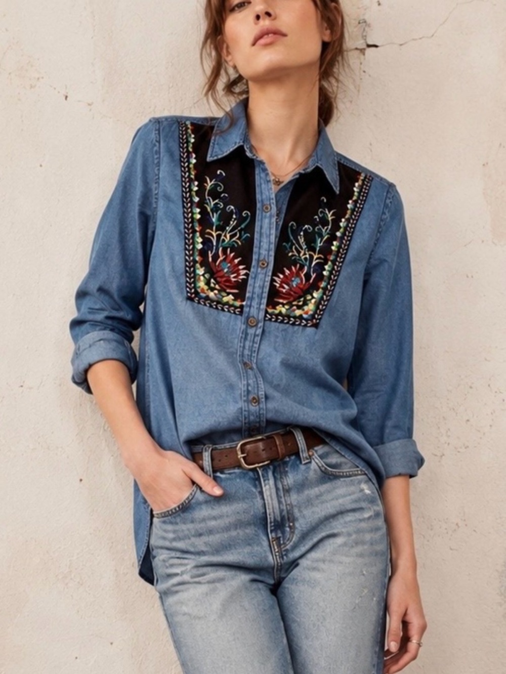 Anthropologie Holding Horses Denim Button-Down w/ Embroidered Black Yoke - Sz 16